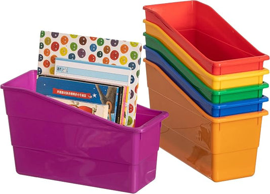 6-pc Assorted Color Plastic Storage Bins Versatile Book Magazine & File Holders for Classroom Office or Home Organization Open Front Desktop Organizers for Supplies Documents & Stationery by Basicwise