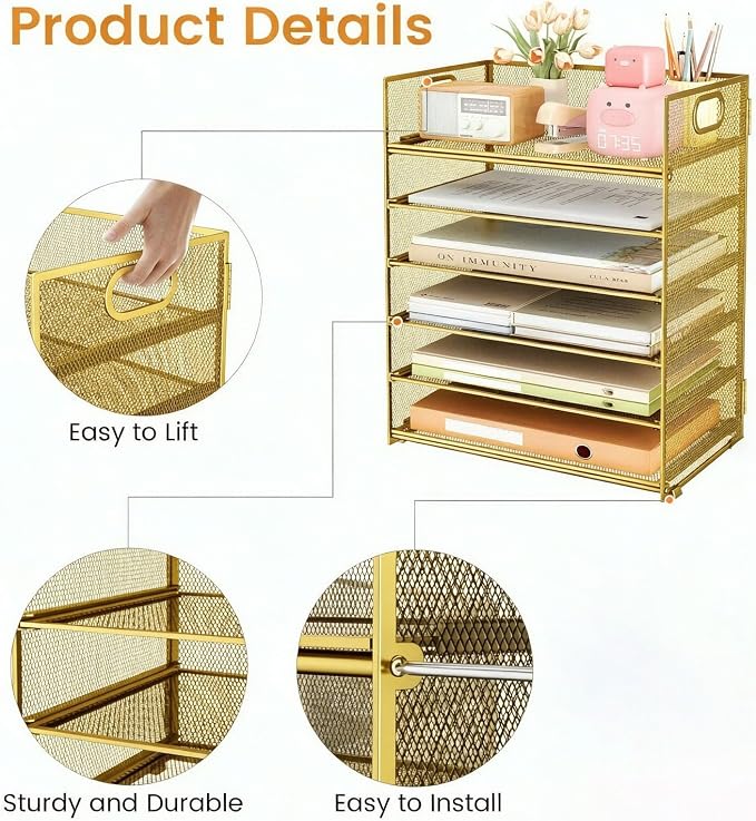 6 Trays Paper Organizer with Handle - Mesh Desk File/Letter Paper Sorter Organizer for Office, Home or School (Gold) - Image 2