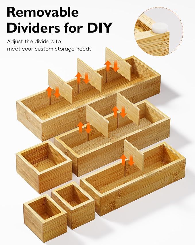 12-Piece Bamboo Drawer Organizer Set, 24 Compartments Modular Storage | Natural Bamboo, Flexible Modular Trays, Water-Resistant, Stackable Design, Adjustable, Excellent Organization, Easy to Clean - Image 3