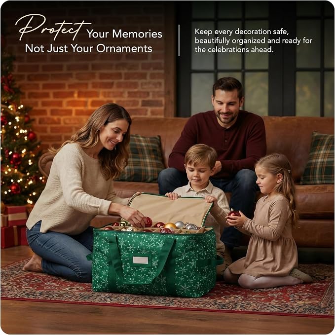 Covermates Keepsakes Adjustable Ornament Storage Bag – Heavy-Duty Polyester, Padded Dividers & FlexGrid Trays – Protective Holiday Ornament Organizer with Handles & Label Window, Green Snowflake - Image 2
