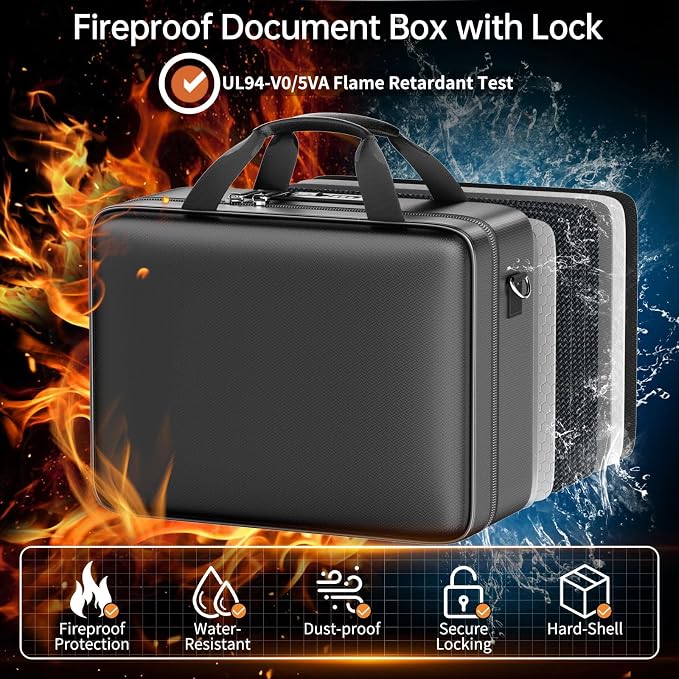 ENGPOW Fireproof Document Box with Lock & 13 Pockets Accordion File Folder | Hard Case File Organizer Home Safe Box with Multi Pockets,Protects Important Documents,Certificates,Laptop,Passports,Black - Image 2