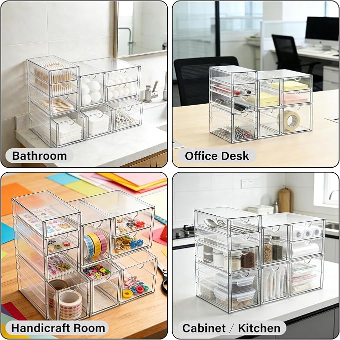Prsildan Acrylic Drawer Makeup Organizer with 9 Drawers, Set of 3 Office Desk Organizers Accessories, Clear Stackable Storage Drawers for Vanity, Countertop, Craft, Jewelry, Art Supply Organization - Image 7