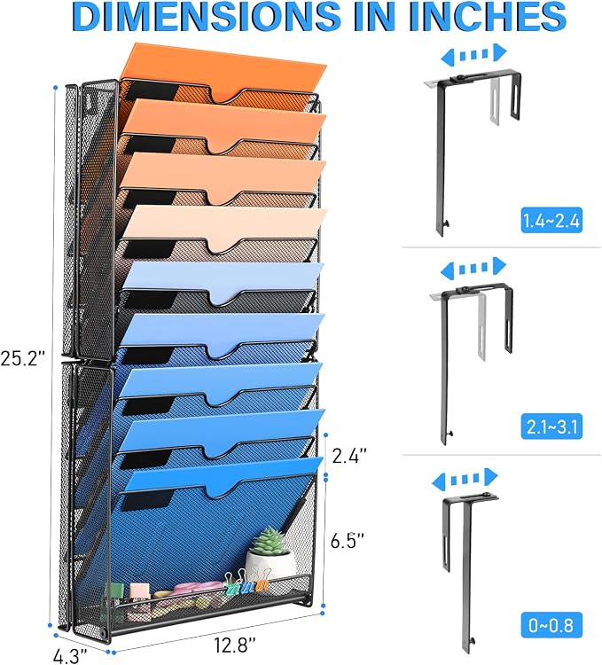 Wall File Organizer, 10 Pockets Mesh Hanging File Organizer | Wall Mount File Paper Folder Holder With Hooks, Wall Organizer Magazine Document Mail for Office School, Black - Image 2