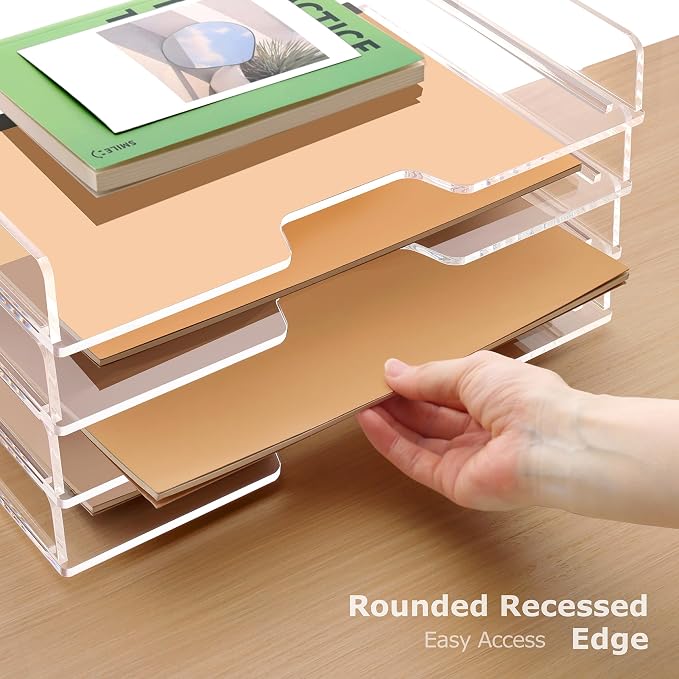 Acrylic Desk Organizer, Stackable Paper Organizer Letter Tray 4-Tier Clear | Enlarged File Organizer for Documents, Files, Letters, A4 Paper, Books, Notes, Mail & Paper Storage, Office Classroom Home - Image 7