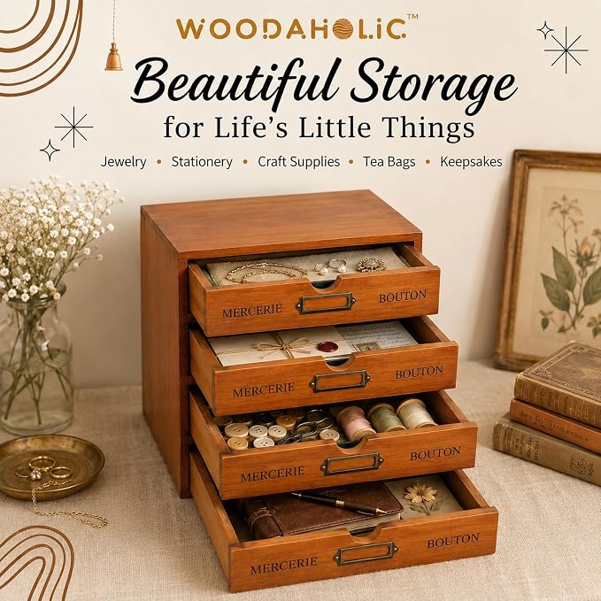 Modular Stackable Apothecary Cabinet 4 Drawer Desk Organizer - Retro Library Card Catalog Wood Storage Box - Organize Stationery, Thread Embroidery, Sewing, Crafts, Junk Drawer & Supplies Countertop - Image 3