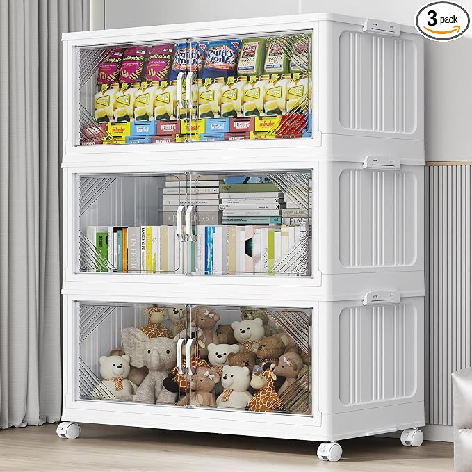 BROVIEW V60 420QT Plastic Stackable Storage Bins with Lid, 3Pack White | 105Gal Extra Large Closet Organizers Collapsible Cabinets Boxes With Drawer, Foldable Container with 4x Wheels for Home by BROVIEW-EnjoytheArtofLife