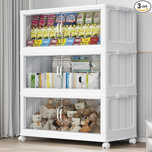 BROVIEW V60 420QT Plastic Stackable Storage Bins with Lid, 3Pack White | 105Gal Extra Large Closet Organizers Collapsible Cabinets Boxes With Drawer, Foldable Container with 4x Wheels for Home by BROVIEW-EnjoytheArtofLife