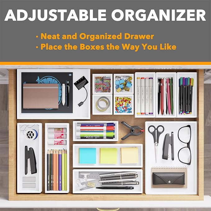 SpaceAid 14-Piece Bamboo Drawer Organizer Storage Boxes Set, Wood Tray Junk Drawer Organizers Multi-Use Divider Bins for Kitchen, Bathroom, Office Desk and Makeup Organization (14 Pack, White) - Image 5