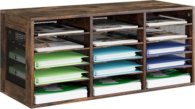 Mail Sorter Organizer, Wood Literature Organizer, Student Mailbox for Classroom, Desktop Bill Paper Organizer for Office Home School, 15 Compartments, Antique Brown by PAG-Mass