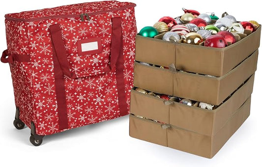 Covermates Keepsakes Rolling Adjustable Ornament Storage Bag – Heavy-Duty Polyester, FlexGrid Trays & Padded Dividers – Protective Holiday Organizer with Wheels, Handles & ID Window, Red Snowflake by Covermates