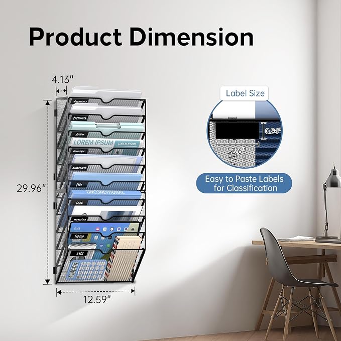 10-Tier Wall File Organizer and Hanging File Organizer, Black, 2Pack | Wall Organizer and Wall Mounted File Holder with 10 Pockets and Label Panels for Files, Mail, Folders, Magazines and Paper - Image 2
