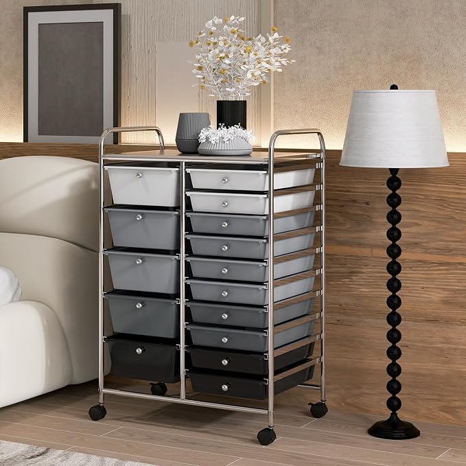 Moccha 15-Drawer Rolling Storage Cart - Under Desk Storage Drawers with wheels for Craft Art Supply Paper Salon, Scrapbook Paper Tools, Mobile Utility Cart for Classroom (15 Drawers, Gradient Grey) - Image 6