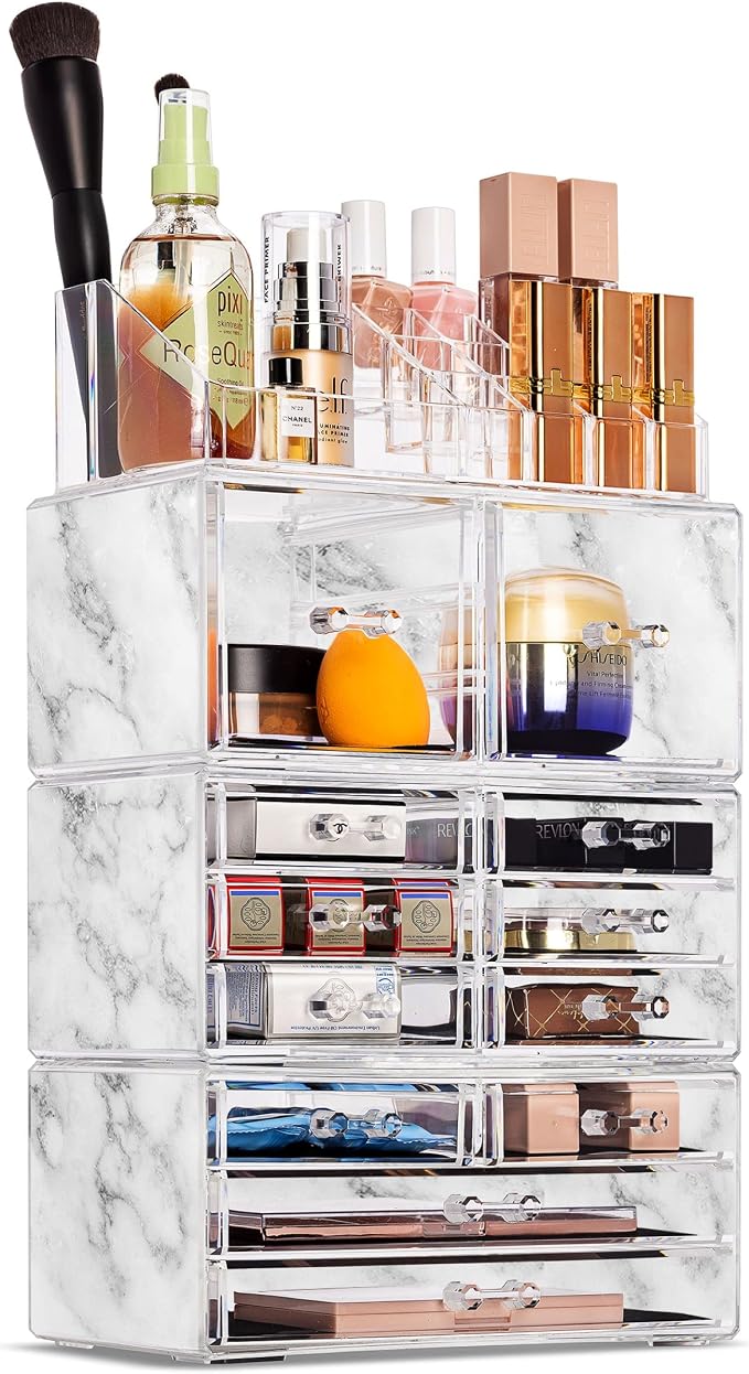 Sorbus Large Makeup Organizer - Clear Stackable Jewelry & Makeup Organizer For Vanity, Bathroom Storage, Dresser - 12 Drawers Cosmetic Beauty Organizers and Storage with Lipstick, Makeup Brush Holder - Image 7