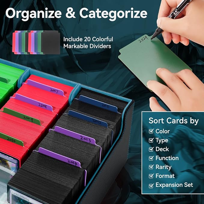 5 Row Trading Card Storage Box, 3800+Bulk Card Organizer Box with 20 Dividers & 5 Supporters, Graded Card Deck Box for YuGiOh, MTG, TCG with Double Lid Black/Cyan - Image 3