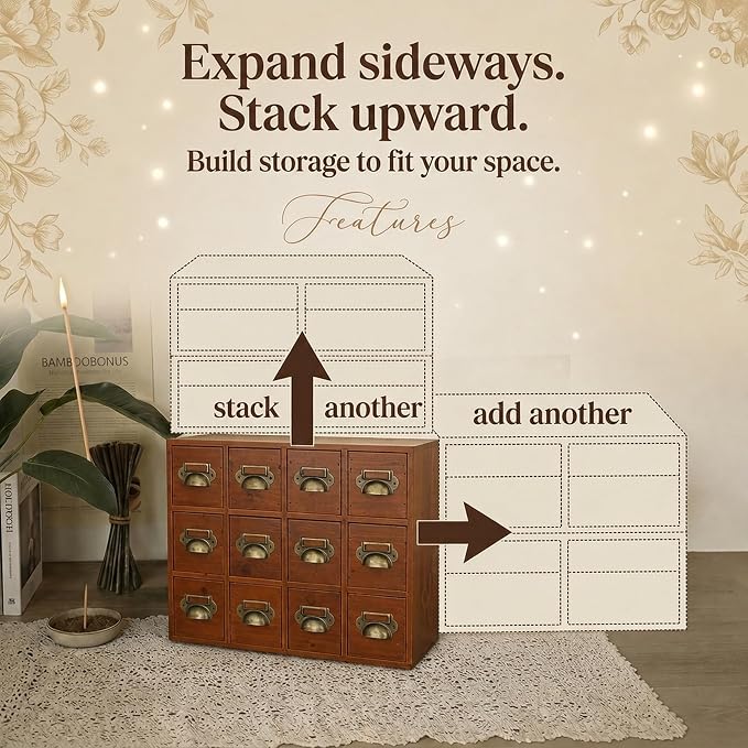 48 Drawer Wood Storage Organizer, Stackable Apothecary Cabinet with Brass Handles & Label Holders, Modular Card Catalog Drawer Chest for Crafts, Hardware, Beads, Spices, Office Desk - Image 5