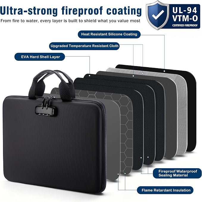 Fireproof Document Box with Lock, Hard-Shell Case Fireproof File Organizer with 13 Pocket Accordion File Folder, Portable Home Office Travel Safe Storage for Important Documents Laptop - Image 3