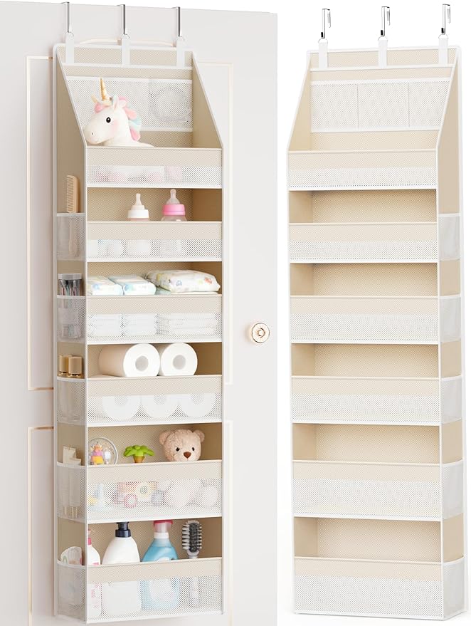 Over the Door Organizer, 6-Shelf Closet Hanging Storage with 13 Mesh Pockets, 55lbs Capacity Behind the Door Storage for Baby Nursery, Bathroom, Bedroom, and Dorm, Beige by Criusia