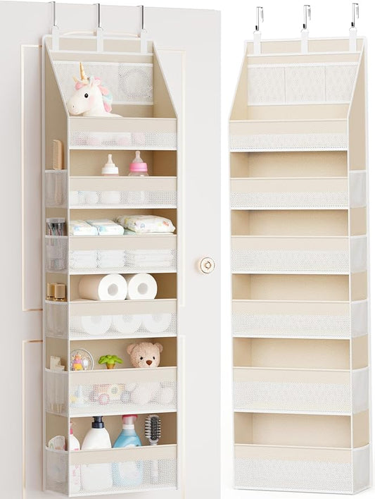 Over the Door Organizer, 6-Shelf Closet Hanging Storage with 13 Mesh Pockets, 55lbs Capacity Behind the Door Storage for Baby Nursery, Bathroom, Bedroom, and Dorm, Beige by Criusia