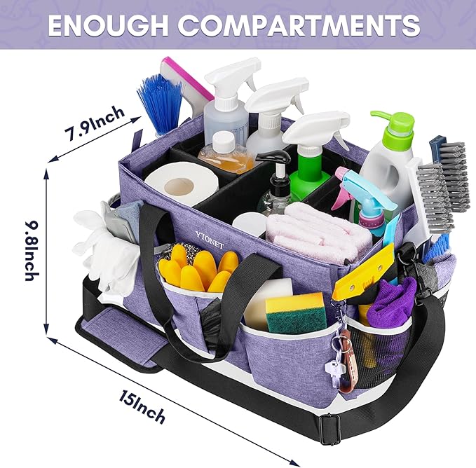Ytonet Cleaning Caddy, Wearable Cleaning Supplies Organizer with 4 Dividers | Large Cleaning Bag for Cleaning Supplies with Handle and Shoulder Straps, Versatile Cleaning Tote for Housekeepers, Purple - Image 2