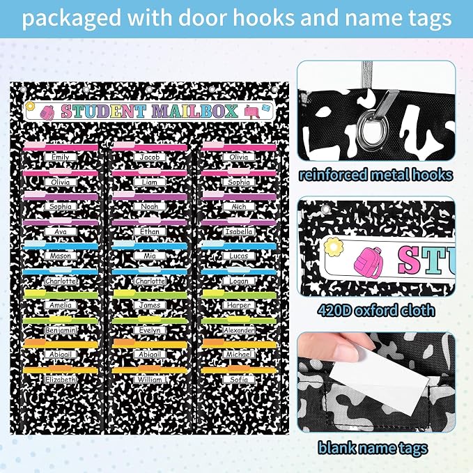 30 Pockets Classroom Mailbox with 30 Nametag Composition Notebook Hanging Wall File Organizer Classroom Storage Pocket Chart Folder with 5 Over The Door Hook for Back to School Bulletin Board - Image 3