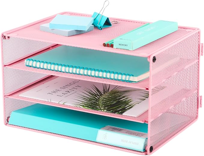 Paper Organizer Tray, 3 Tier Mesh Desk File Organizer Letter Sorter Holder for Home Office, Pink by EASEPRES