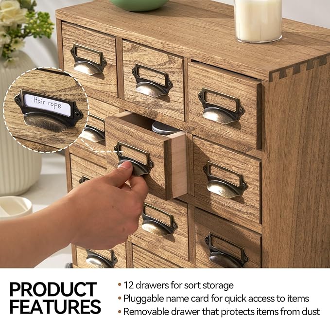 KIRIGEN Wooden Storage Cabinet, 12-Drawer Desktop Organizer, Brown 12CG-DBR | 12 Mini Drawers with Metal Label Holder Pulls for Cards, Crafts, Tea Bags, Jewelry, Office Supplies, and Small Parts - Image 6