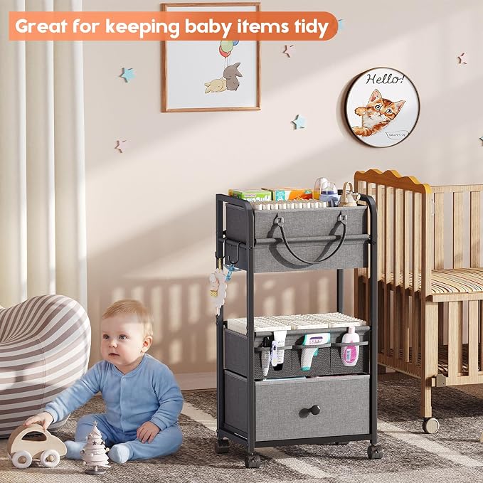 Cidaziya 3In1 Baby Diaper Caddy Organizer, 3 Tier Rolling Cart with Drawer, Detachable Dividers, Mobile Utility Cart Baby Dresser Clothes Organizer for Crib, Bedroom, Art & Craft Storage, Grey - Image 9