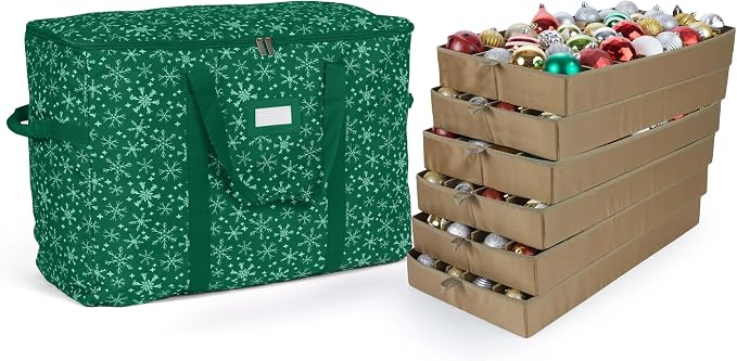 Covermates Keepsakes Adjustable Ornament Storage Bag – Heavy-Duty Polyester, Padded Dividers & FlexGrid Trays – Protective Holiday Ornament Organizer with Handles & Label Window, Green Snowflake by Covermates