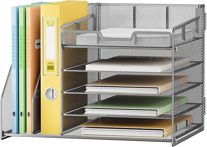 Lavatino 5-Tier Metal Mesh Desk Organizer with 2 File Holders & 7 Customizable Compartments | Paper Letter Tray for Office or Home Desk Storage | Keep Workspace Supplies Neat & Organized, Silver - Image 2