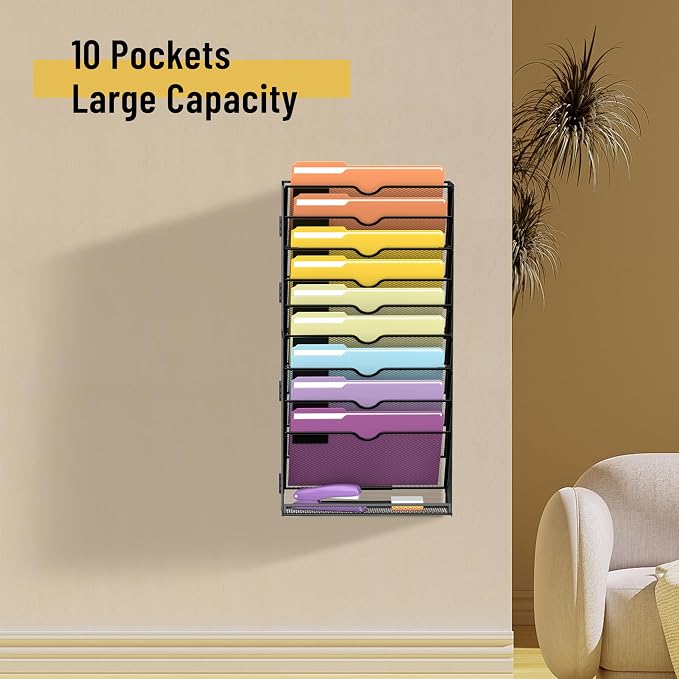 10Tier Hanging Wall File Holder Organizer for Papers, Folders, Files Clipboard & Magazine Organization Great for Office Home, Assembly Needed, Black | Paper, Folder, Magazine Rack Great for Office Home School, Assembly Needed, Black - Image 2