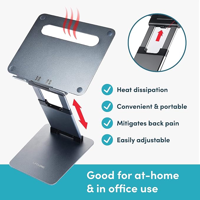 Lifelong Aluminum Adjustable Laptop Stand, Extra Tall 20" Riser, Grey | Ergonomic Portable Foldable Computer Stand, Fits 10-17” Laptops for Office Meetings, Teamwork & Desk Setup - Image 6