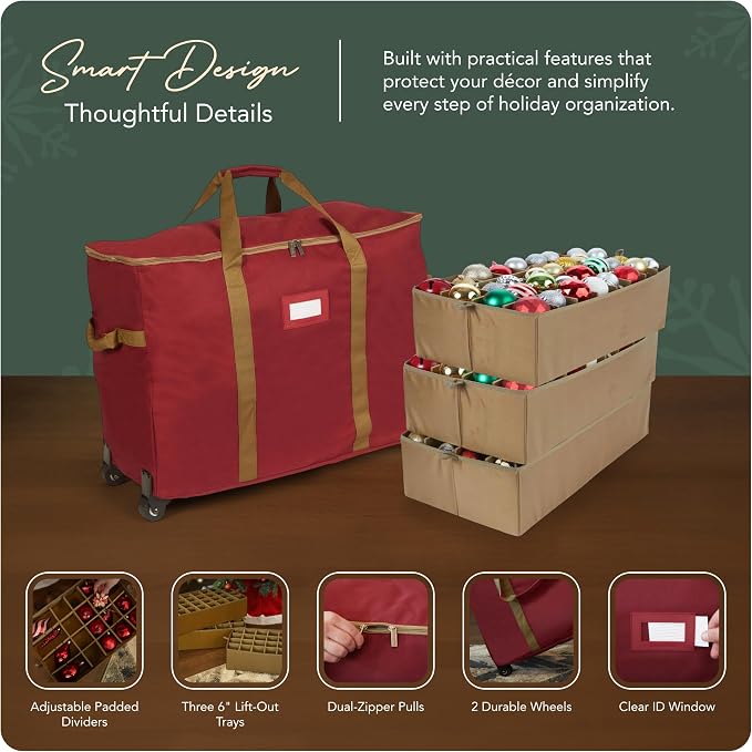 Covermates Keepsakes Rolling Adjustable Ornament Storage Bag – Heavy-Duty Polyester, FlexGrid Trays & Padded Dividers – Protective Holiday Organizer with Wheels, Handles & ID Window, Red - Image 4