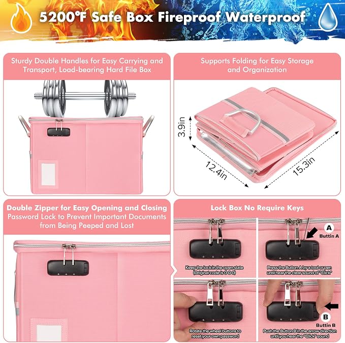TOMKID 5200°F Fireproof Document Box, Fire Important Document Organizer with Lock, Upgraded Heat Insulated Filing Storage Cabinet Office Organization (5200°F Fireproof Box, Pink) - Image 2