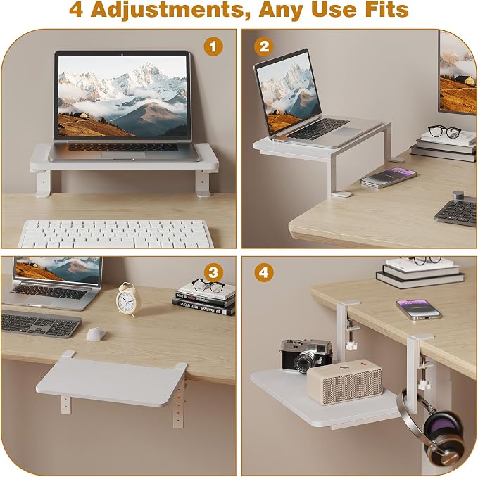 Desk Extender, 15-inch Clamp-On Desk Shelf, Height-Adjustable Desktop Shelf Organizer for Monitors Office and Gaming Accessories, Arm Support Table Extension, 44lbs Heavy Duty, White - Image 7