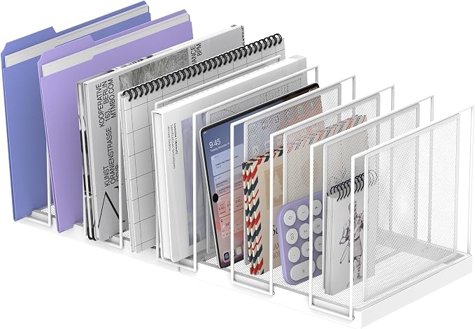 9-Section Desk File Organizer, Vertical File Holder, Mesh Desktop File Folder Metal File Organizer Stand for Office Home Classroom, White by JMHUD