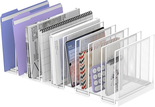 9-Section Desk File Organizer, Vertical File Holder, Mesh Desktop File Folder Metal File Organizer Stand for Office Home Classroom, White by JMHUD