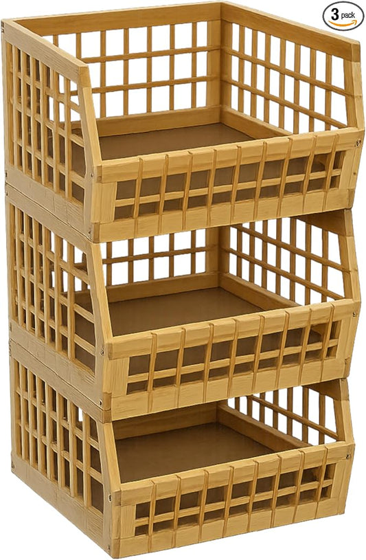 Bamboo Stackable, Open Front, Large Storage Bins - Lattice Design Set of 3 by altCooking+Hub