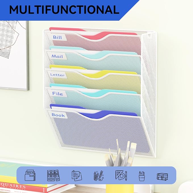 5 Pockets Hanging Wall File Organizer Mail Holder, Wall Mounted Paper Document Folder Holder, Clipboard Storage Organization Magazine Rack, White - Image 6