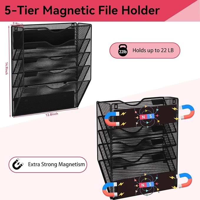 5-Tier Magnetic File Holder, No Drilling Wall File Organizer, File Folder Bins, Mail & Magazine Rack, Magnetic Paper Document Holder for Refrigerator File Cabinets Whiteboard, Black - Image 2