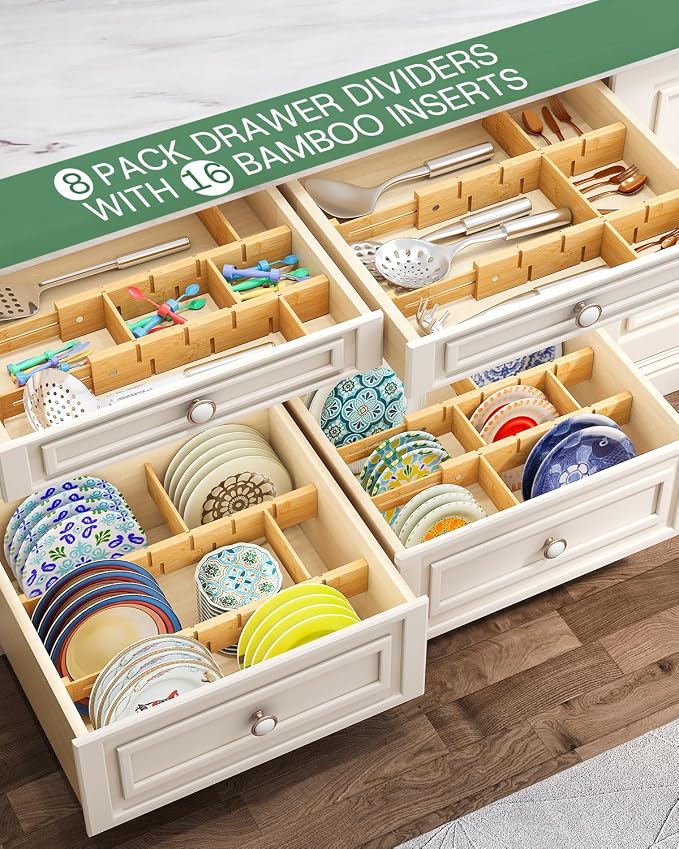kiplant Bamboo Drawer Dividers - Adjustable Drawer Dividers for Kitchen, Clothes, Closet & Office - 8 Pack with Inserts, 13.8-18.8 Inches, Non-Slip Silicone Ends - Image 3