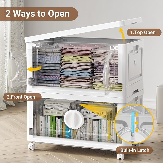 BROVIEW 480Qt Lockable Stackable Storage Bins with Lids, Closet Organizers and Storage Drawer, Collapsible Storage Bin with Wheels, Plastic Cabinet for Toy Clothes Dorm Organizer, V9 4 Pack White - Image 5