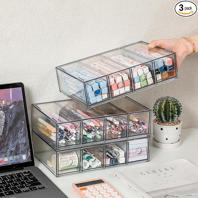 Stackable Organizer Acrylic Storage Drawers, Suitable for Desktop Storage, Office Supplies, Cosmetics, Stationery, Jewelry, Accessories (3) by WUHUME