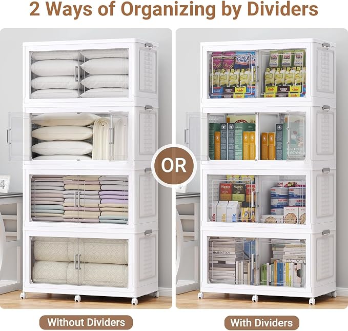 BROVIEW 600 Qt Stackable Storage Bins Foldable Cabinet, V40 White 3-Pack | Extra Large Collapsible Storage Bins with Lid Doors Wheels Dividers, Closet Organizers and Storage Drawer for Home Office - Image 5