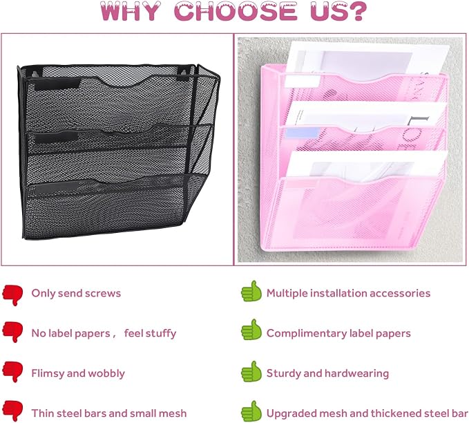 3 Pockets Mesh Wall File Holder Organizer Office Hanging File Folder Magazine Rack, Nametag Label Hooks Set Included (Pink) - Image 5