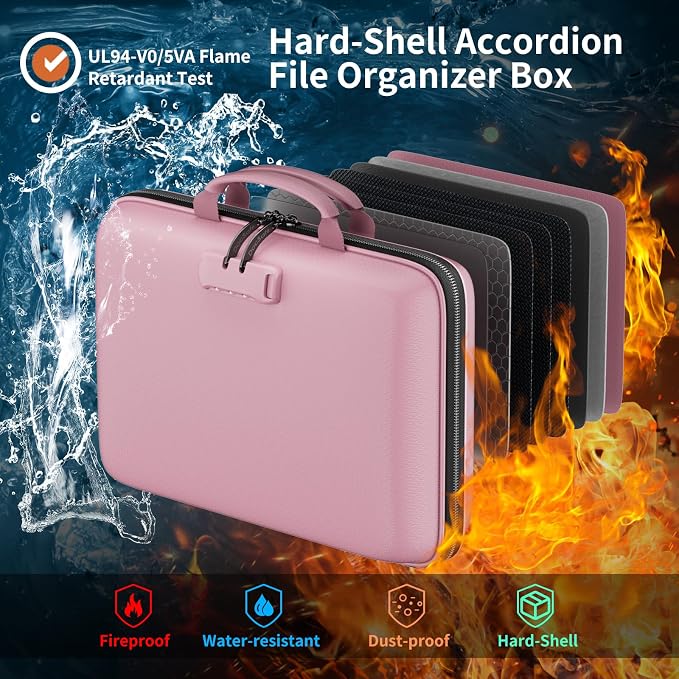 DocSafe Fireproof File Organizer with Lock, Hard-Shell Case Fireproof Document Box with 13 Pocket Accordion File Folder, Portable Home Office Travel Safe Storage for Important Documents Laptop Pink - Image 2