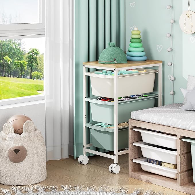 KINGBOARD Slim Rolling Cart with 3 Drawers, Metal Utility Storage Cart | Wooden Tabletop, Lockable Wheels, Under Desk Trolley for Bedroom, Children's Room and Office Organization, Green - Image 5