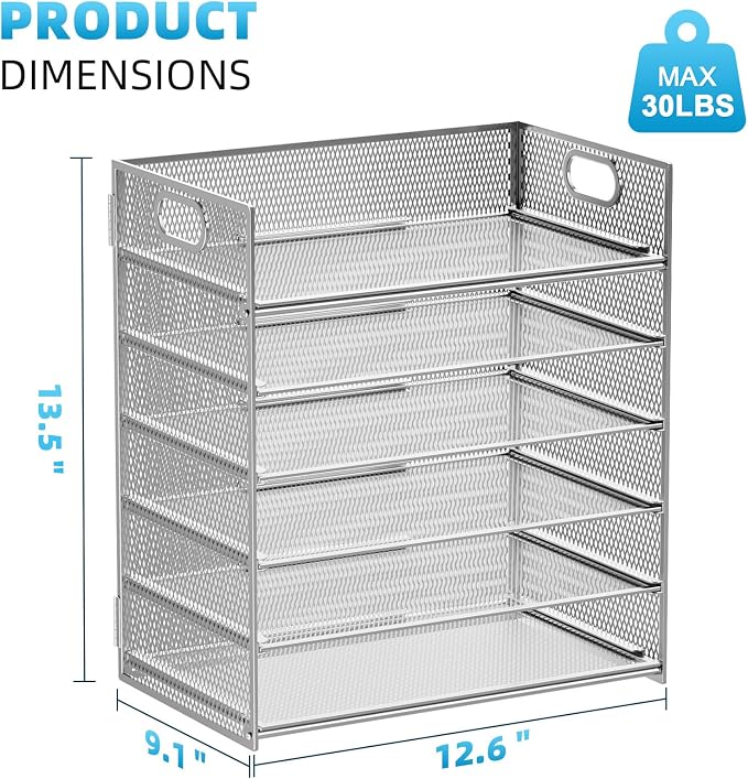 Marbrasse Paper Letter Tray - 6 Tier Mesh File Organizer with Handle, Paper Sorter for Letter/A4 Office File Folder Holder - Silver - Image 5