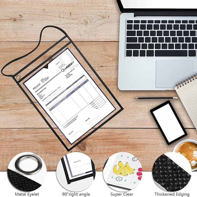 Shop Ticket Holders Job Ticket Pockets Dry Erase 50 Pack Clear | 9x12 Inch Work Order Plastic Sleeves, Hanging Strap, Both Sides Clear Heavy Duty PVC Sheet Protectors, Office School Supply - Image 3