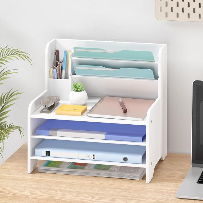 Bamboo File Organizer for Desk, Desktop Paper Tray and Mail Holder | Three open tiers keep A4/letter paper, folders, bills and mail sorted, visible and easy to reach while saving desk space by Unknown