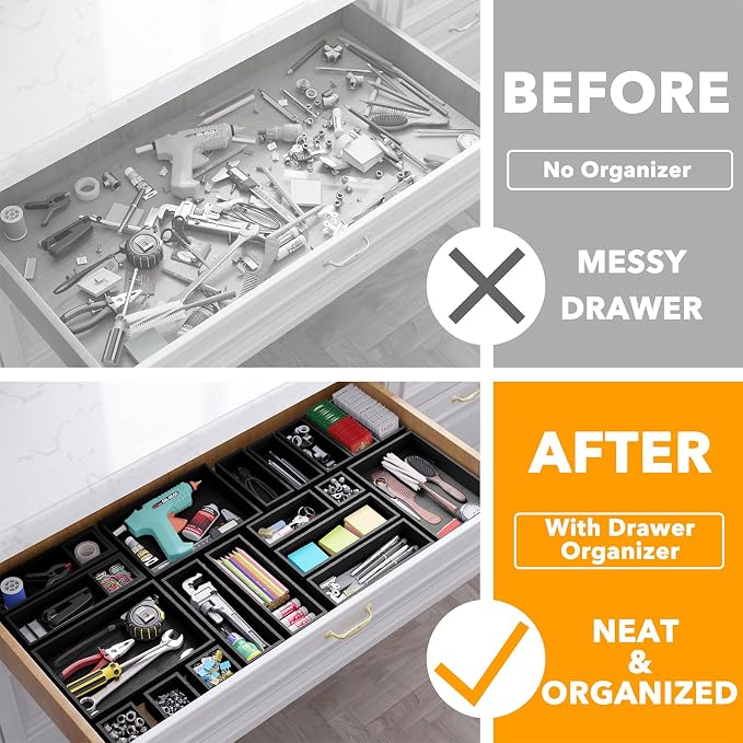 SpaceAid 21-Piece Bamboo Drawer Organizer Storage Boxes Set, Wood Tray Junk Drawer Organizers Multi-Use Divider Bins for Kitchen, Bathroom, Office Desk and Makeup Organization (21 Pack, Black) - Image 2